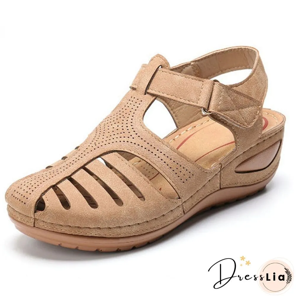New Leather Hollow Out Vintage Sandals Casual Flat Sandals Summer Women Beach Sandal