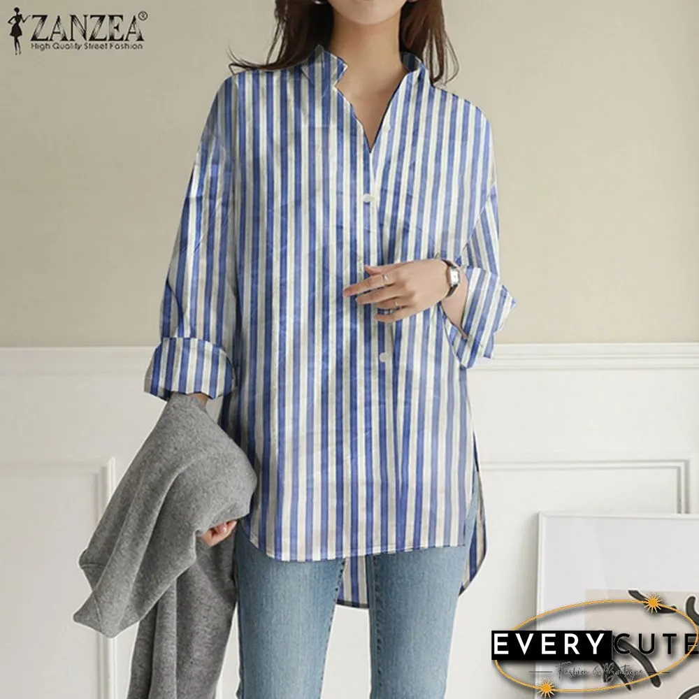 Womens Turn Down Collar T-Shirt Full Sleeve Front Pockets Loose Shirt Button Striped Print Tops S-5XL