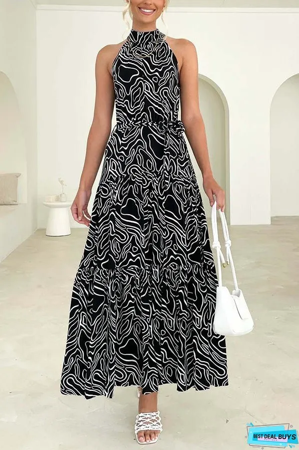 Elegant Loose Fashion Trend Print Lace Up Swing Dress