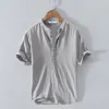 Chemise en lin &agrave; col en V et manches courtes pour hommes