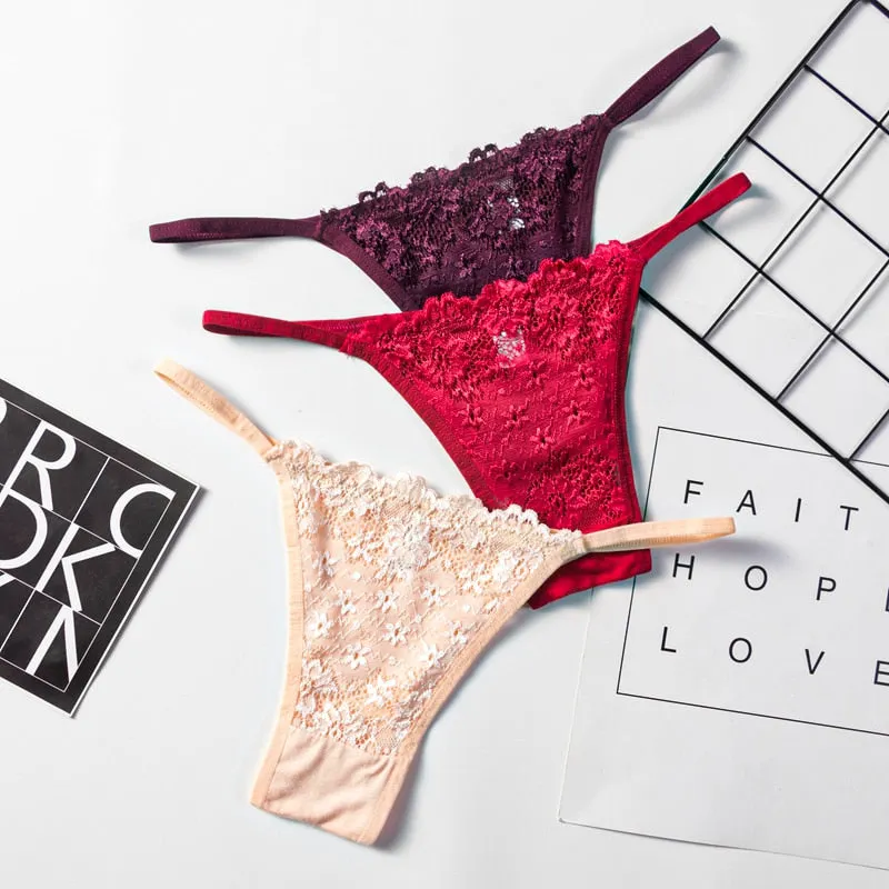 3PCS Sexy Panties Women Lace Low-rise Solid Sexy Briefs Seamless Intimate G-strings Thongs Panty Cotton Crotch Female Underwear