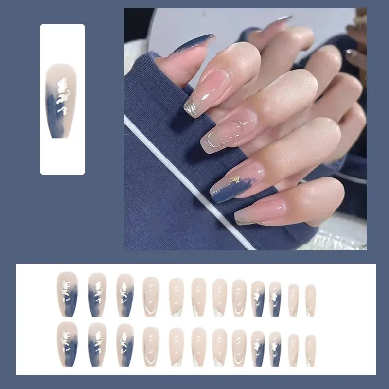 24pcs/box Blue Dye With Sequins Decorated press on nail tips Frosted Square Head Short Wearable Full Cover fake nails with glue-Nail Inspo