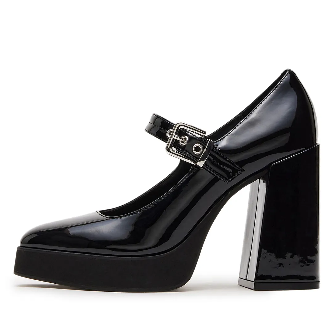Black Patent Leather Round Toe Buckle Strap Platform Mary Janes