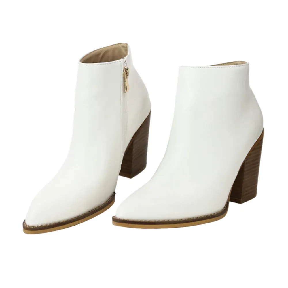 White Faux Leather Pointed Toe Casual Side Zipper Heel Boots