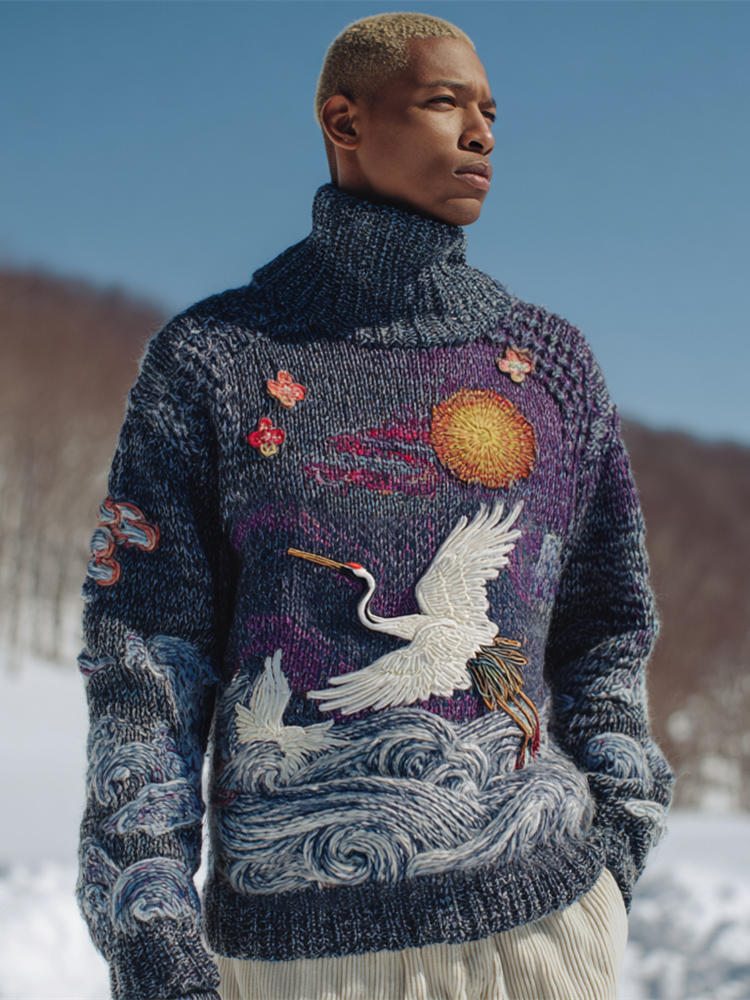 Japanese Crane & Ocean Wave Men's Knit Turtleneck Sweater