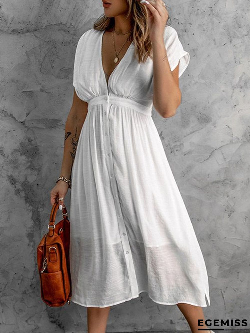 Double-layer Tulle Solid Color Dress Women's Deep V Short Sleeve Waist Dress White Dresses | EGEMISS