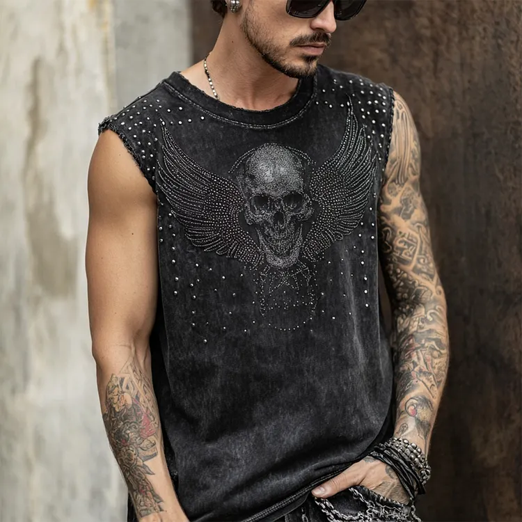Men's Rock Style Skull Wings Studded Vintage Washed Tank Top