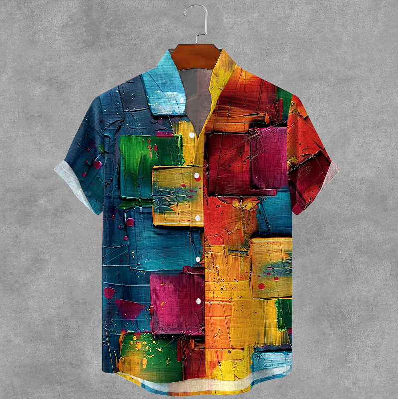 Men's Retro Colored Oil Painting Plaid Art Print Cotton And Linen Shirt  artssus