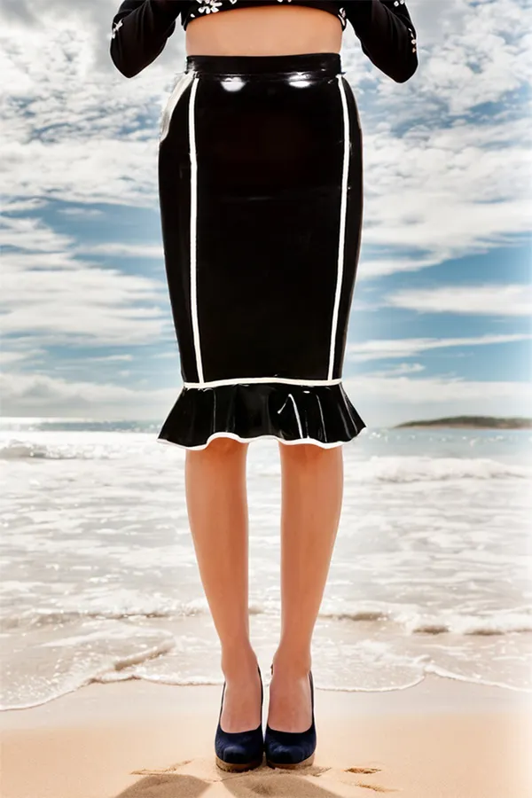 Women's Latex Ruffled Pencil Skirt Black