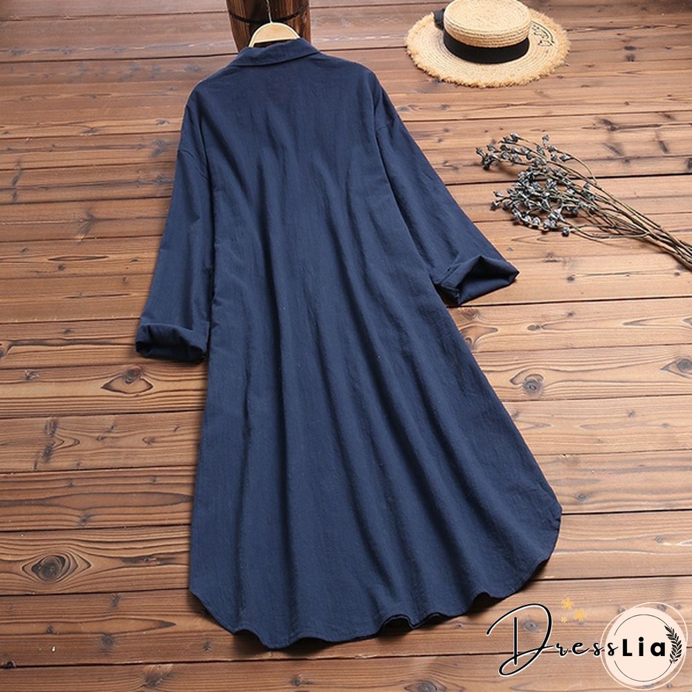 S-5XL Women Side Slit Cotton Long Dress Spring Solid Color Long Shirt Dress Kaftan Dress