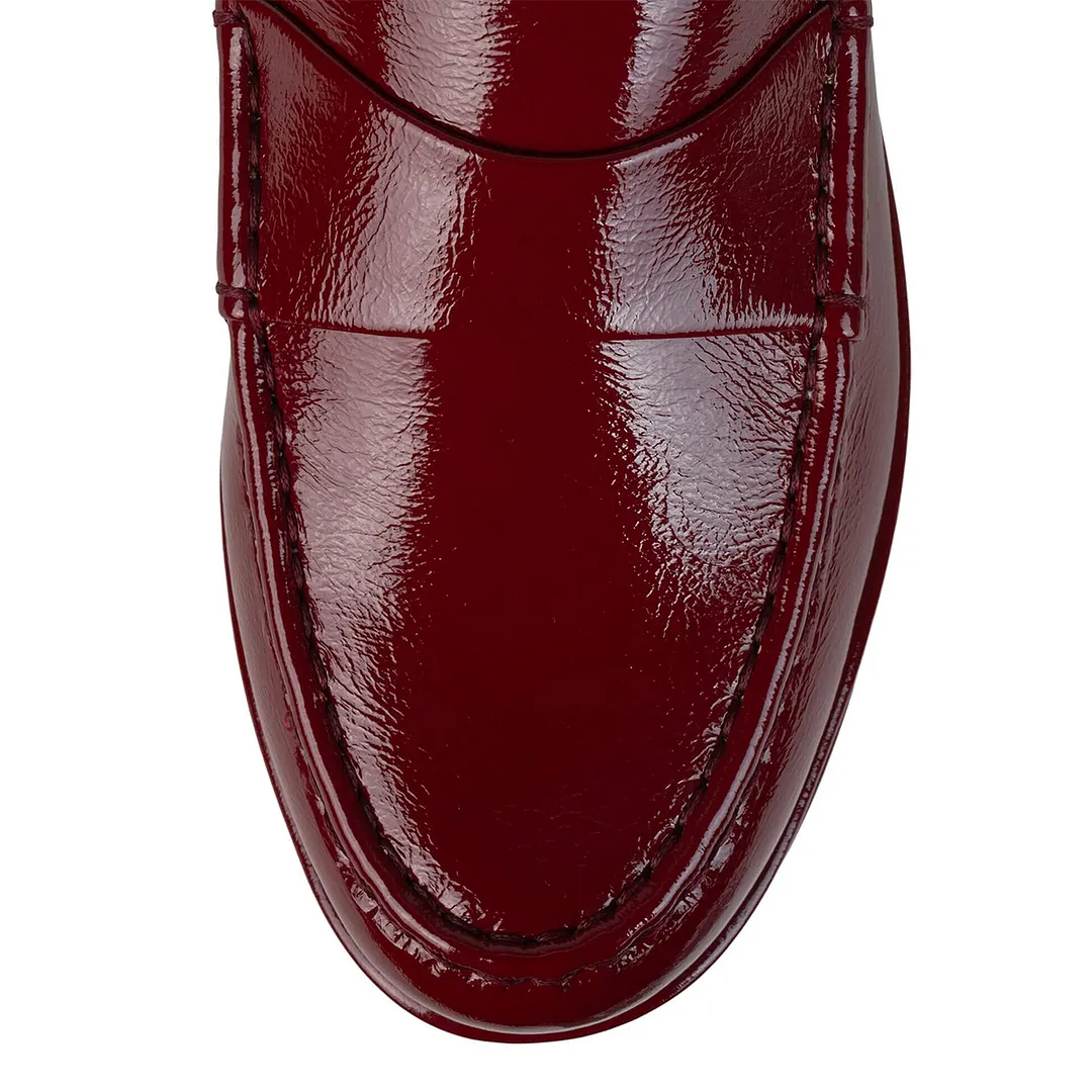 Maroon Almond Toe Bold Platform Wedge Heel Glossy Loafers