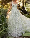 Floral-Print Strappy Organza Gown