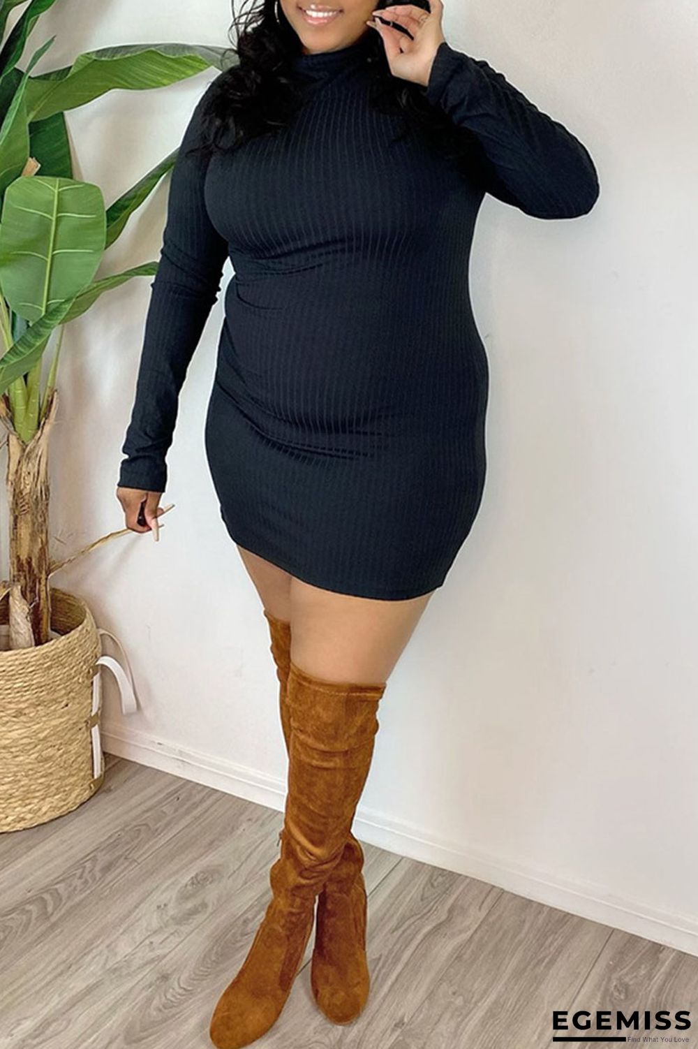 Black Casual Solid Patchwork Turtleneck One Step Skirt Plus Size Dresses | EGEMISS