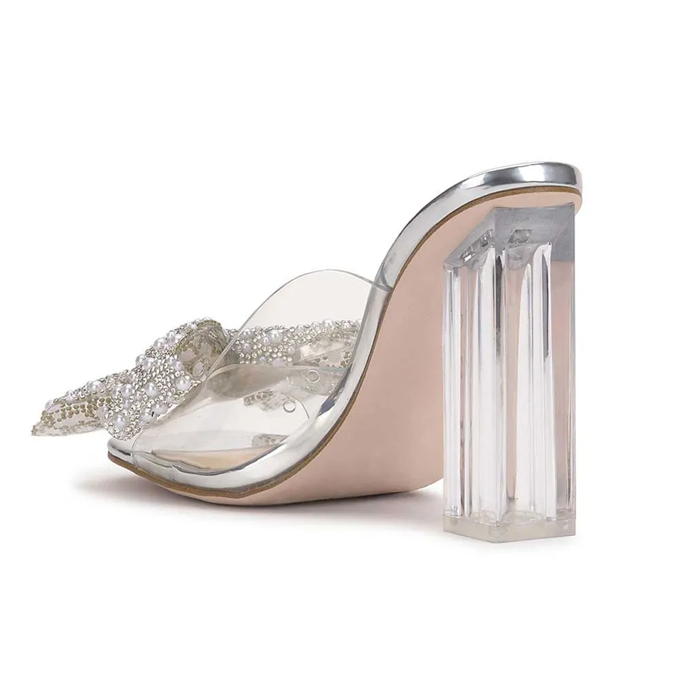 Silver Open Toe Pearls and Rhinestones Bow Clear Slide Sandals