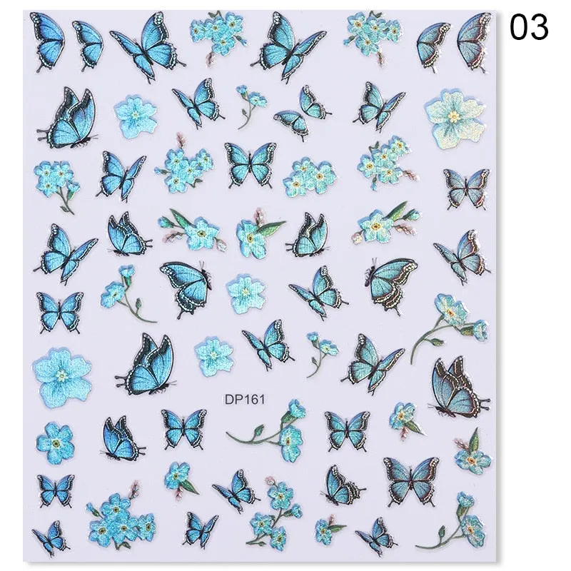 1pc Holographic Blue Nail Stickers Pink Colorful Butterfly Art Sticker With Adhesive DIY Extension Flowers Rose Nail Decoration-Nail Inspo