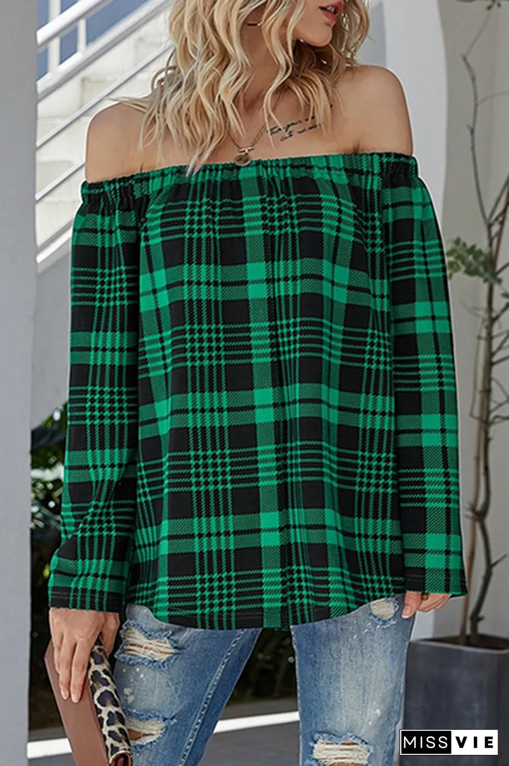 Casual Plaid Split Joint Off the Shoulder Tops