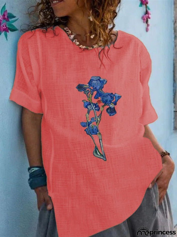 Women's T-Shirts Round Neck Floral Print Short Sleeve T-Shirt