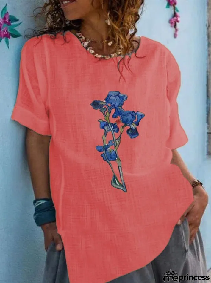 Women's T-Shirts Round Neck Floral Print Short Sleeve T-Shirt
