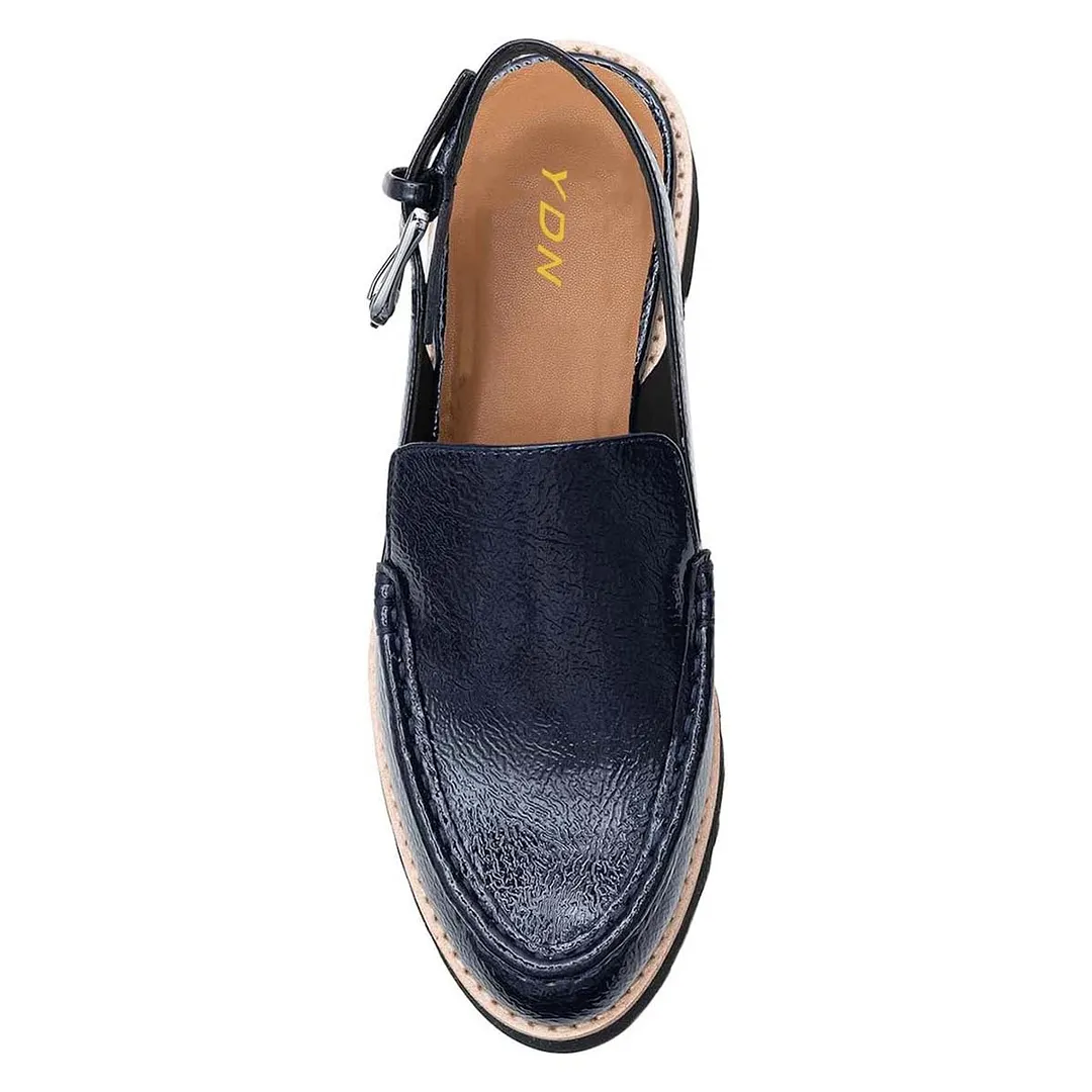 Navy Buckle Round Toe Block Heel Slingback Shoes with Platform