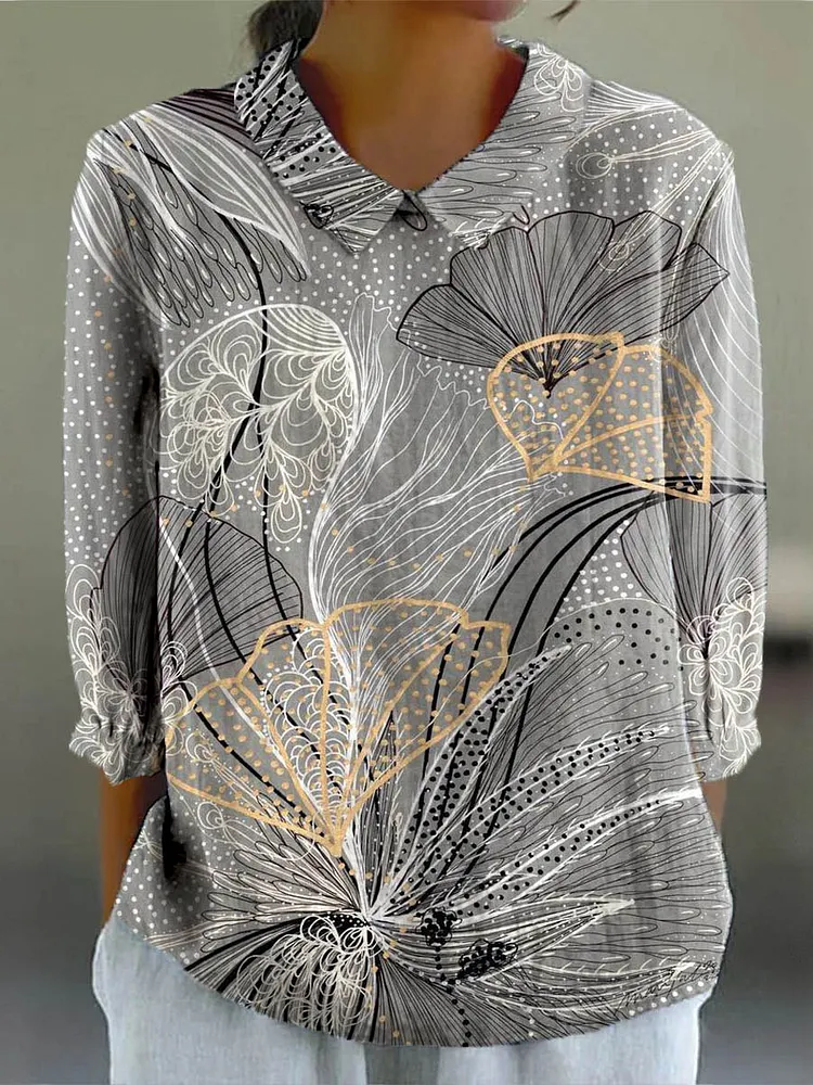 Women's Vintage Floral Pattern Art Print Casual Cotton And Linen 3/4 Sleeve Shirt