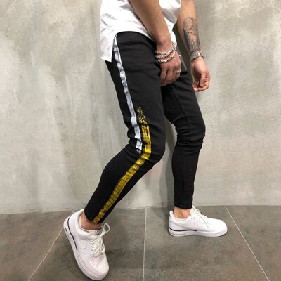 Men New Hip Hop Gold Silver Coating Printed Joggers Denim Pants Fashion Black Men Streetwear Stripe Stretch Skinny Pencil Jeans