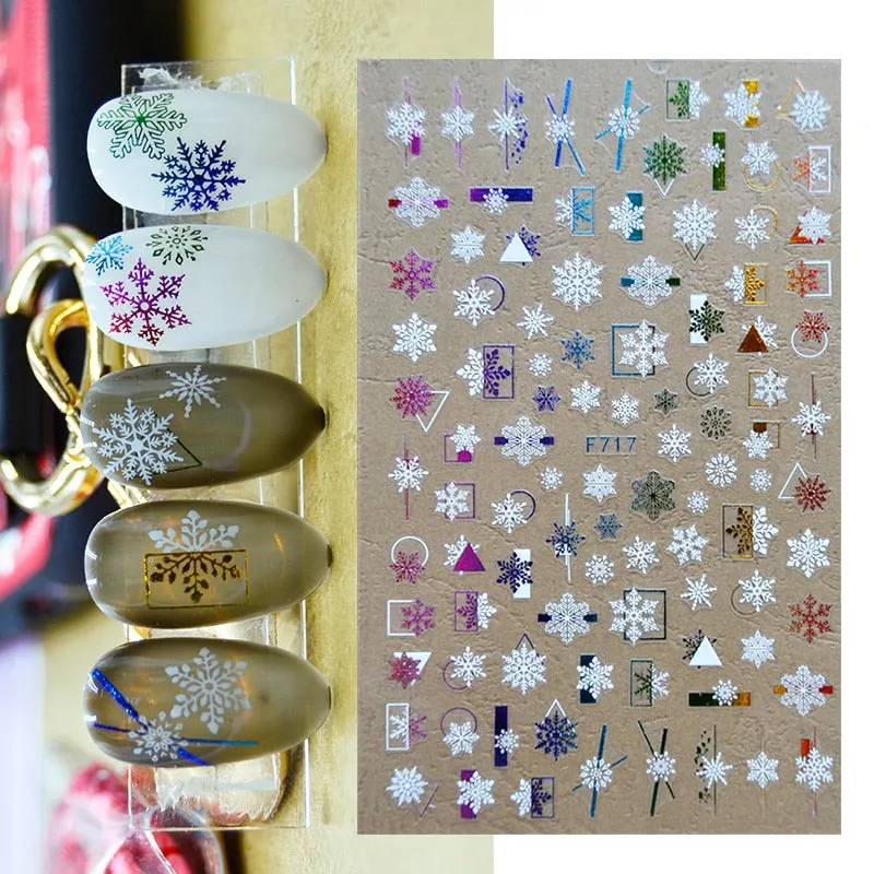 Sliver Bronzing 3D Christmas Nail Art Decoration Sticker Sparkly White Colorful Glitter Geometry Snowflake Winter Slider Foil