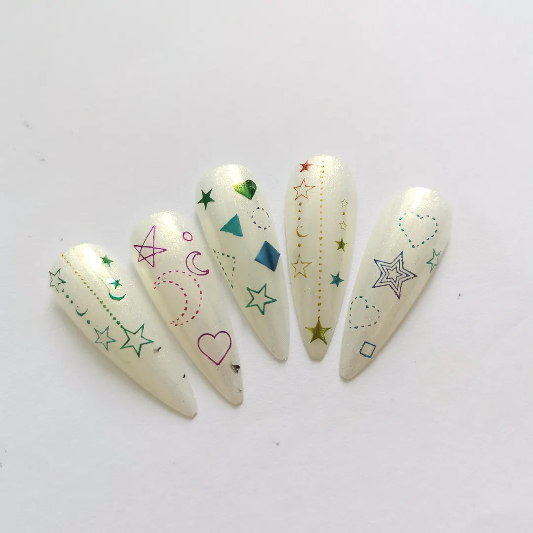 English Letter Design 3D Nail Stickers Iridescent Geometrics Gold Stars Moon Transfer Nail Art Sliders Decoration Accessories