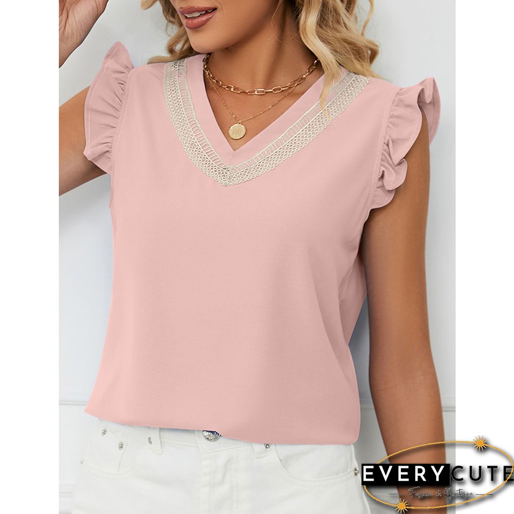 Pink Lace Trim Contrast Ruffle Short Sleeve Tops