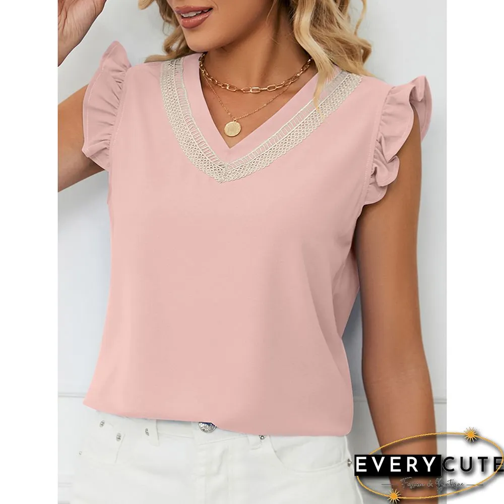 Pink Lace Trim Contrast Ruffle Short Sleeve Tops