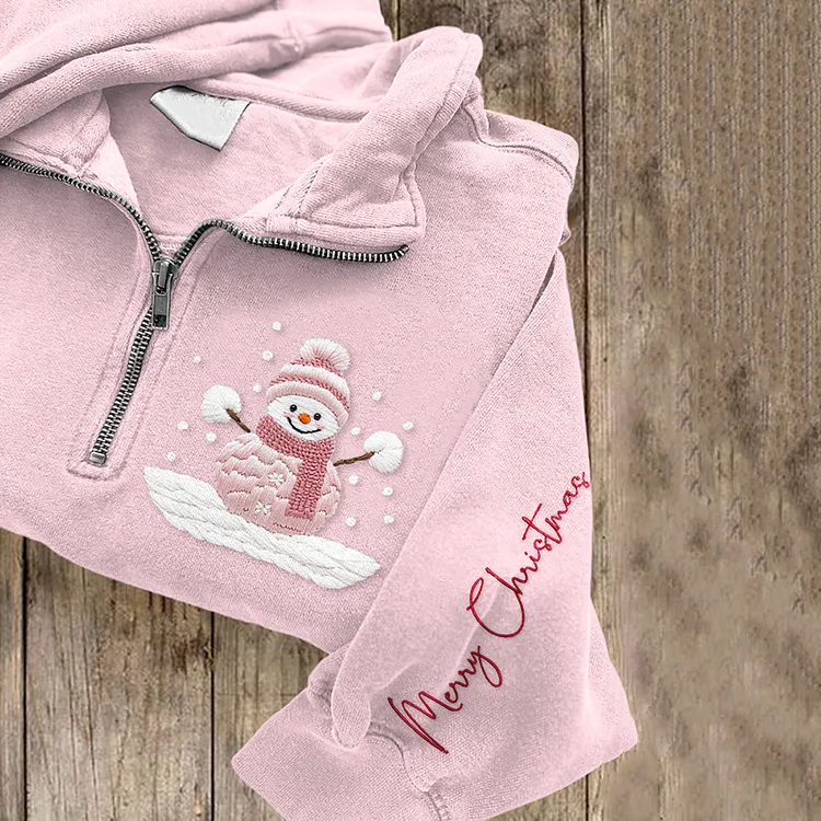 Vintage Christmas Snowman Embroidery Zip-Up Sweatshirt