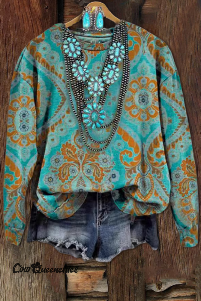 Western Crew Neck Printed Sweatshirt Green / S