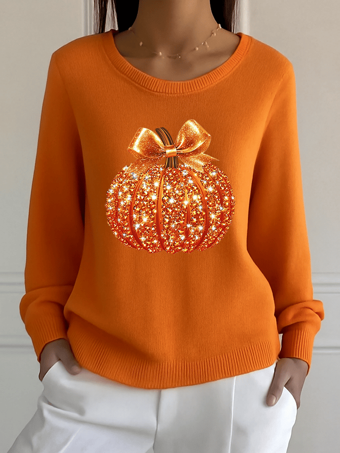 Women's Autumn Sequined Pumpkin Crew Neck Sweater 