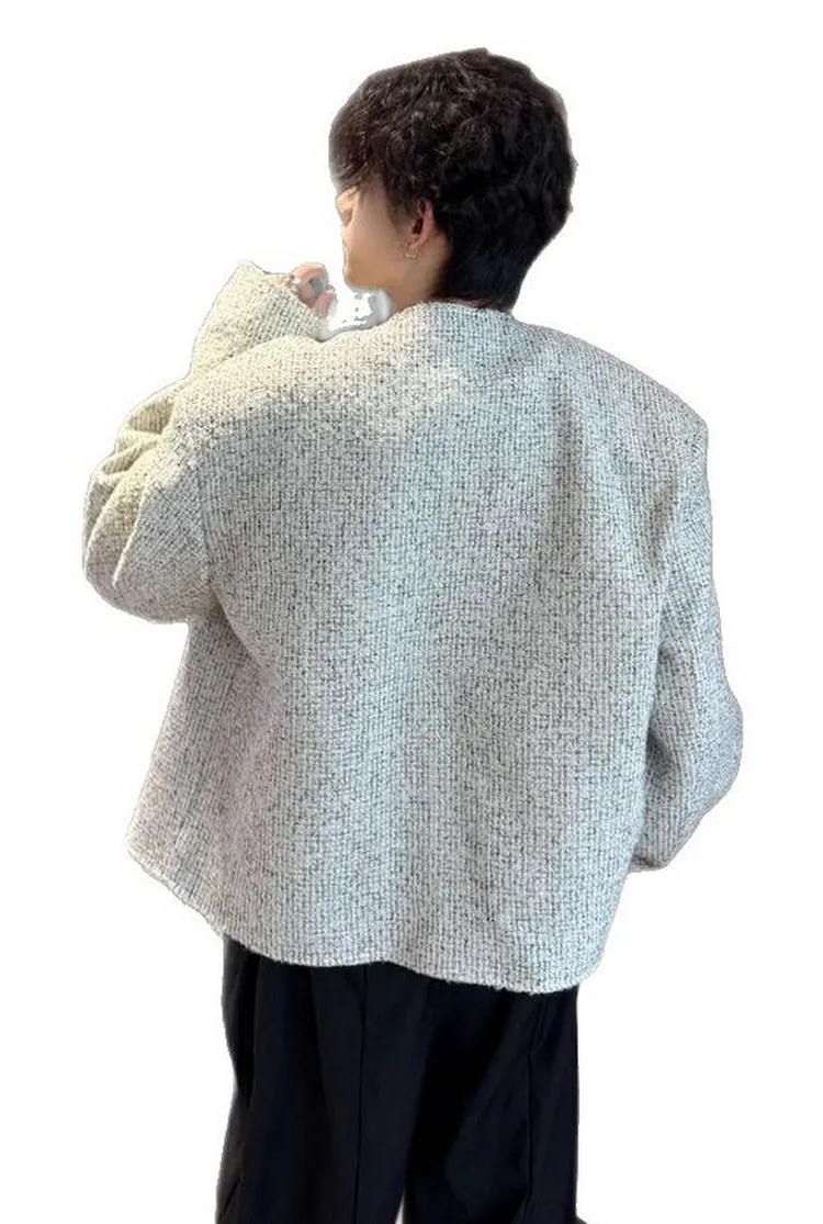 Relaxed Fit Tweed Jacket for Men Collarless Design with Multiple Pockets