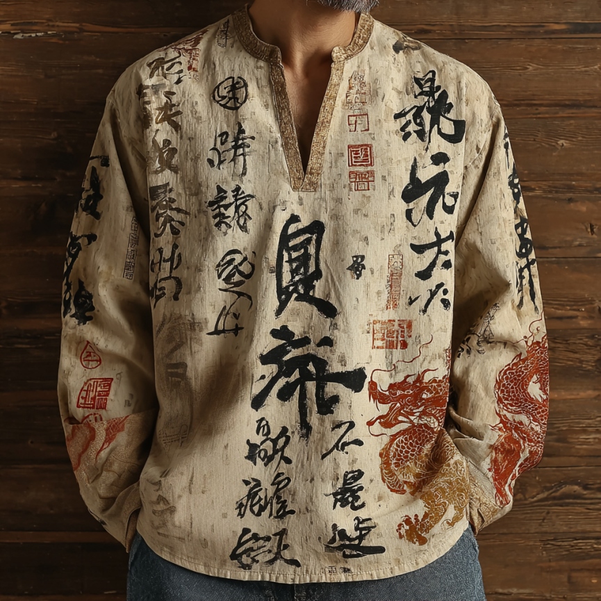 Men's Japanese Calligraphy And Dragon Art V-neck Linen Shirt