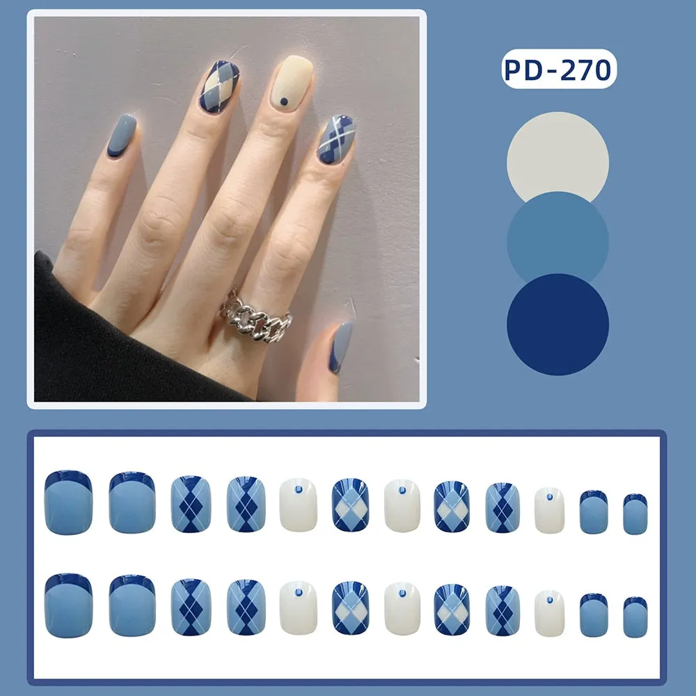 24pcs/box Blue Dye With Sequins Decorated press on nail tips Frosted Square Head Short Wearable Full Cover fake nails with glue-Nail Inspo