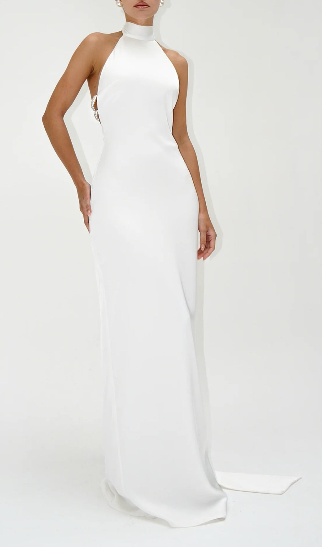 Birger White Halter Pearl Backless Maxi Dress Flowering Girl