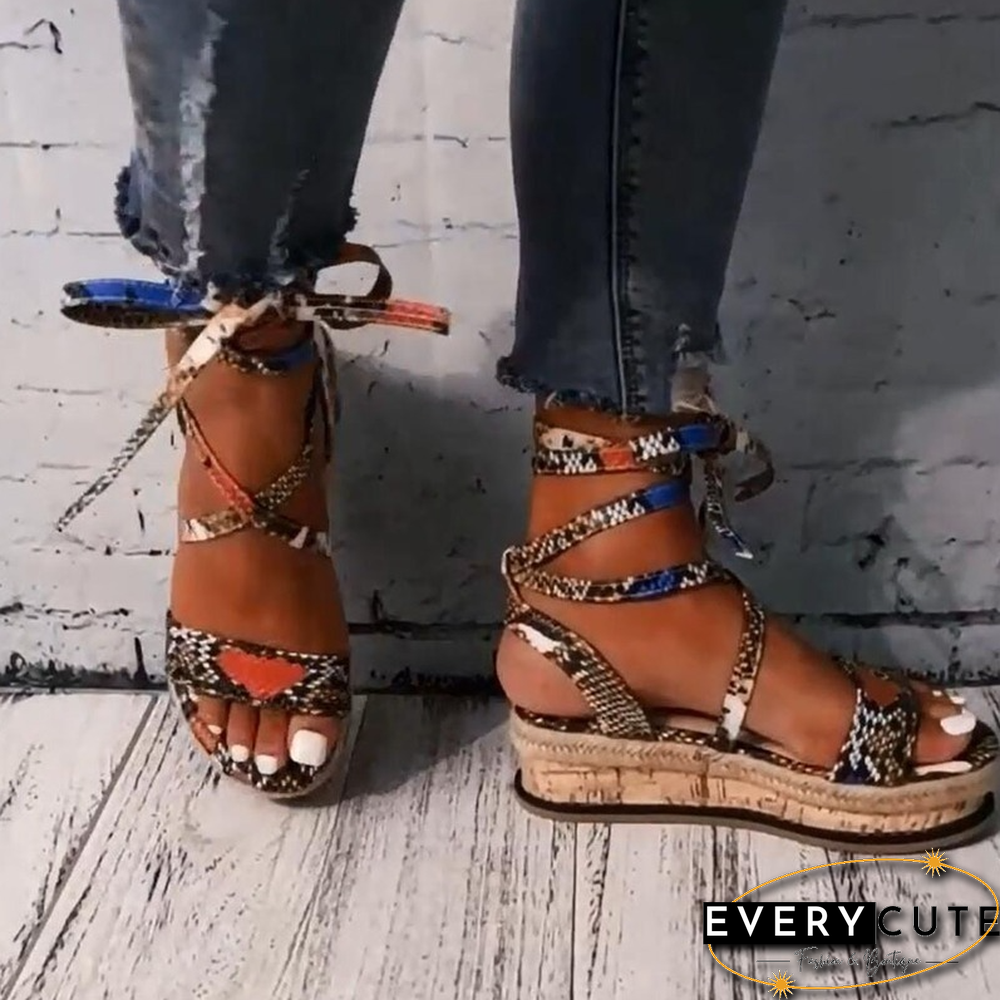 New Summer Women Snake Sandals Platform Heels Cross Strap Ankle Lace Peep Toe Beach Party Ladies Shoes Zapatos Sandals