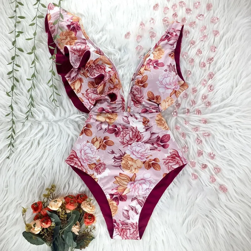 2022 New Sexy Ruffle Print Floral One Piece Swimsuit Off The Shoulder Swimwear Women Solid Deep-V Beachwear Bathing Suit Monkini