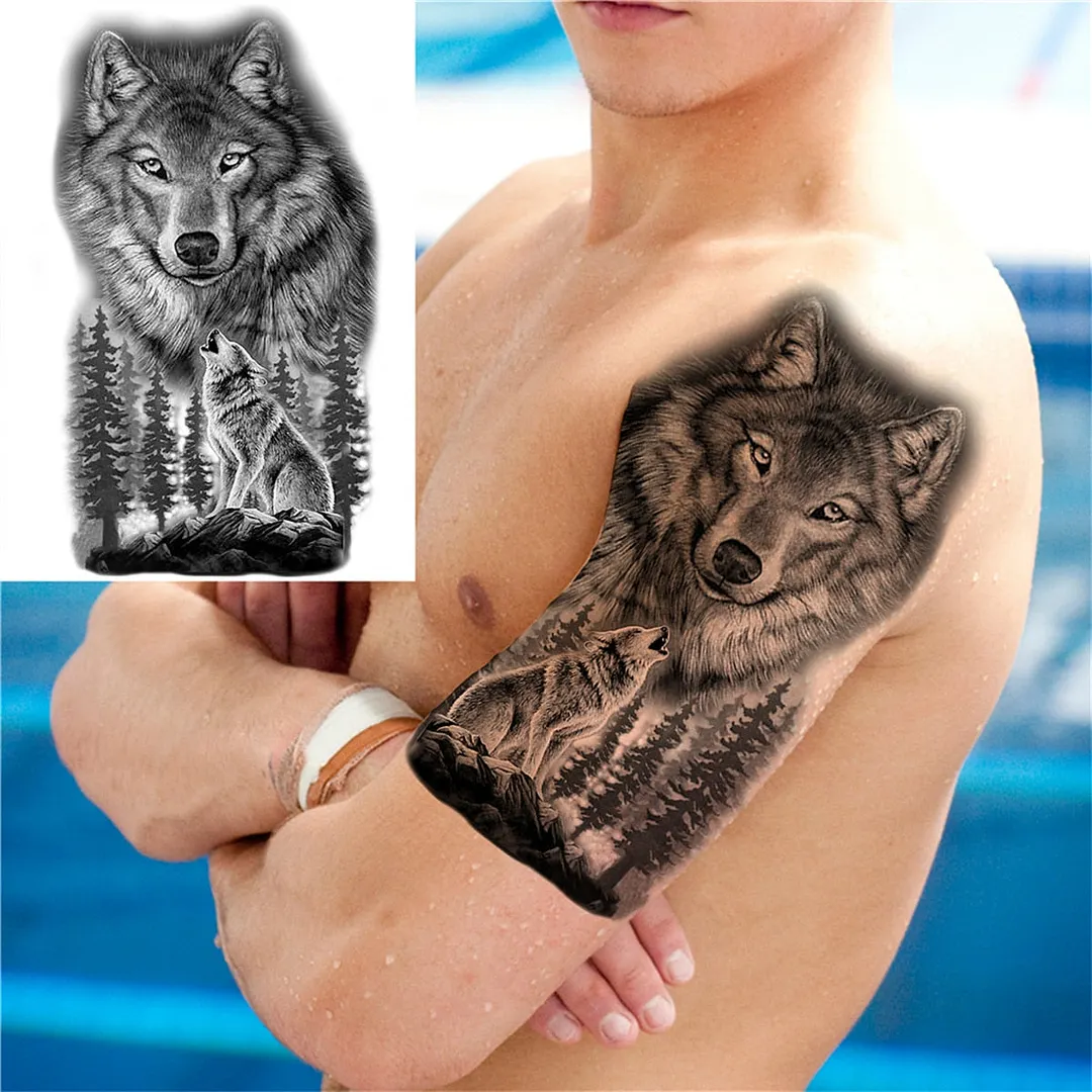 3D Lion Tiger Temporary Tattoos For Men Women Adult Black Wolf Tattoo Sticker Realistic Fake Bear Mountain Disposable Tatoo Body