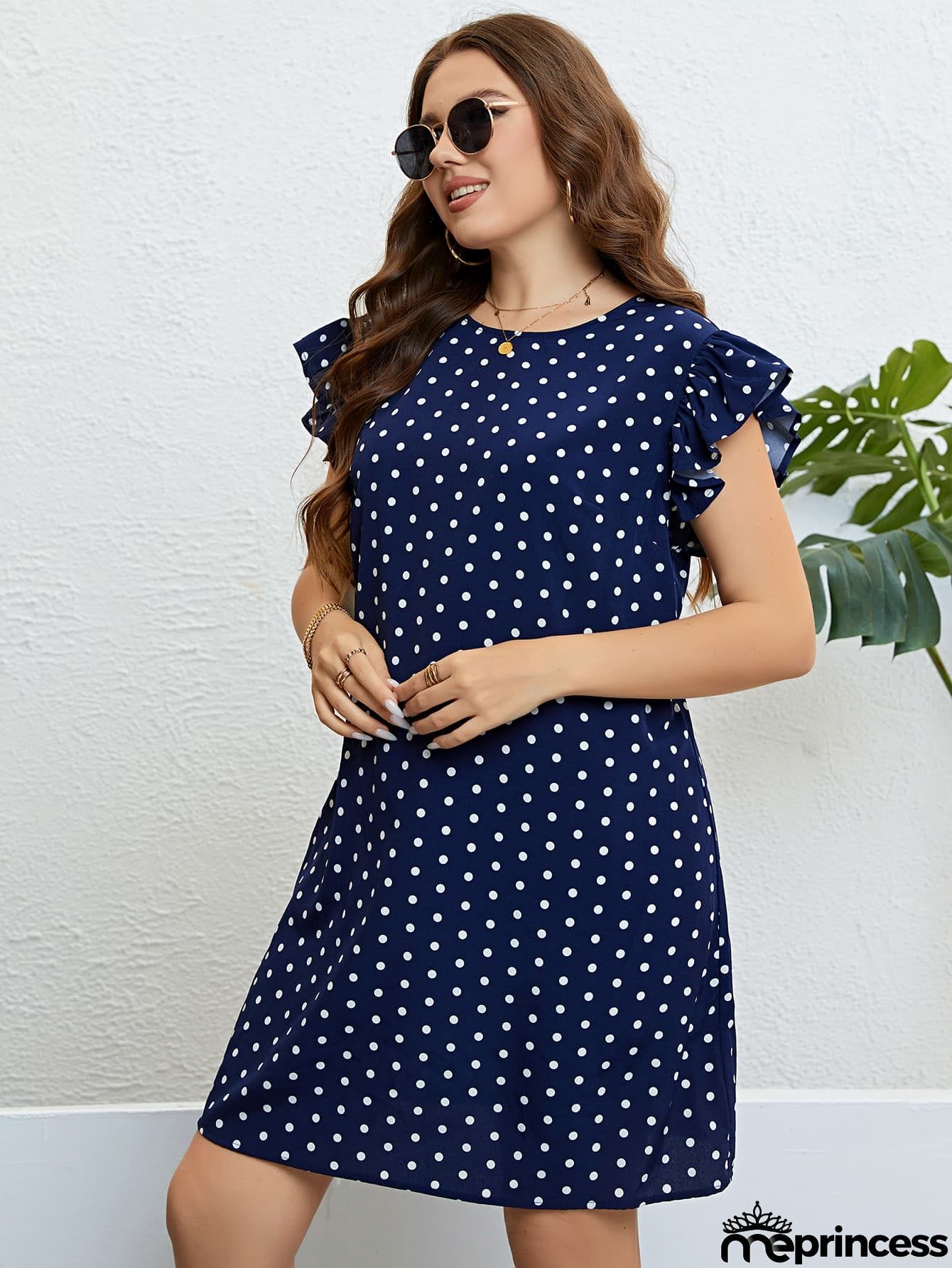 Plus Size Polka Dot Round Neck Dress