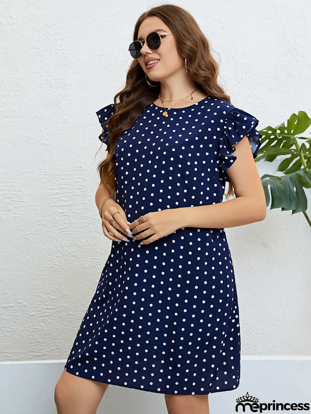 Plus Size Polka Dot Round Neck Dress