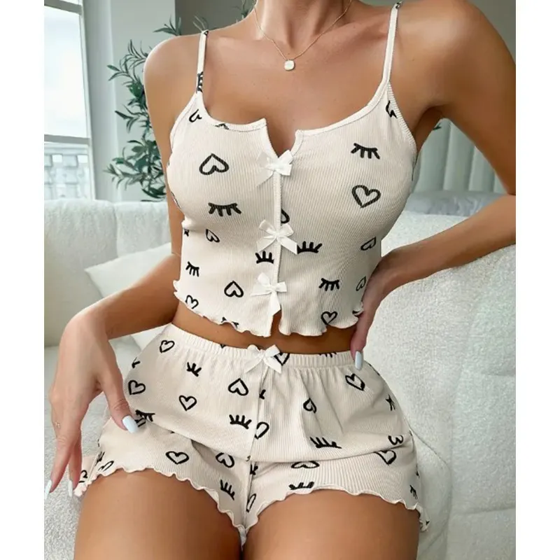 Churchf Heart-Shaped Eyelash Print Pajamas Set V-Neck Slings Shorts Ladies Homewear