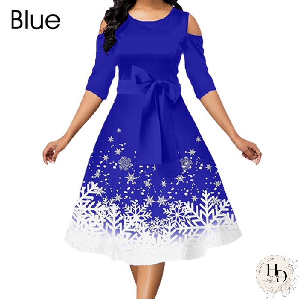 New Arrival Women Belted Snowflake Print Cold Shoulder Round Neck Elegant Dress Plus Size Fashion Christmas Party Dress S-5Xl