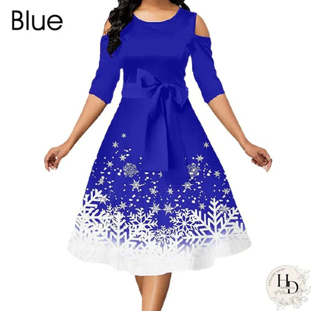 New Arrival Women Belted Snowflake Print Cold Shoulder Round Neck Elegant Dress Plus Size Fashion Christmas Party Dress S-5Xl