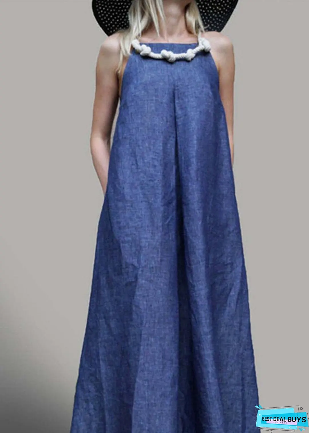Women Navy Oversized Denim Holiday Dress Sleeveless