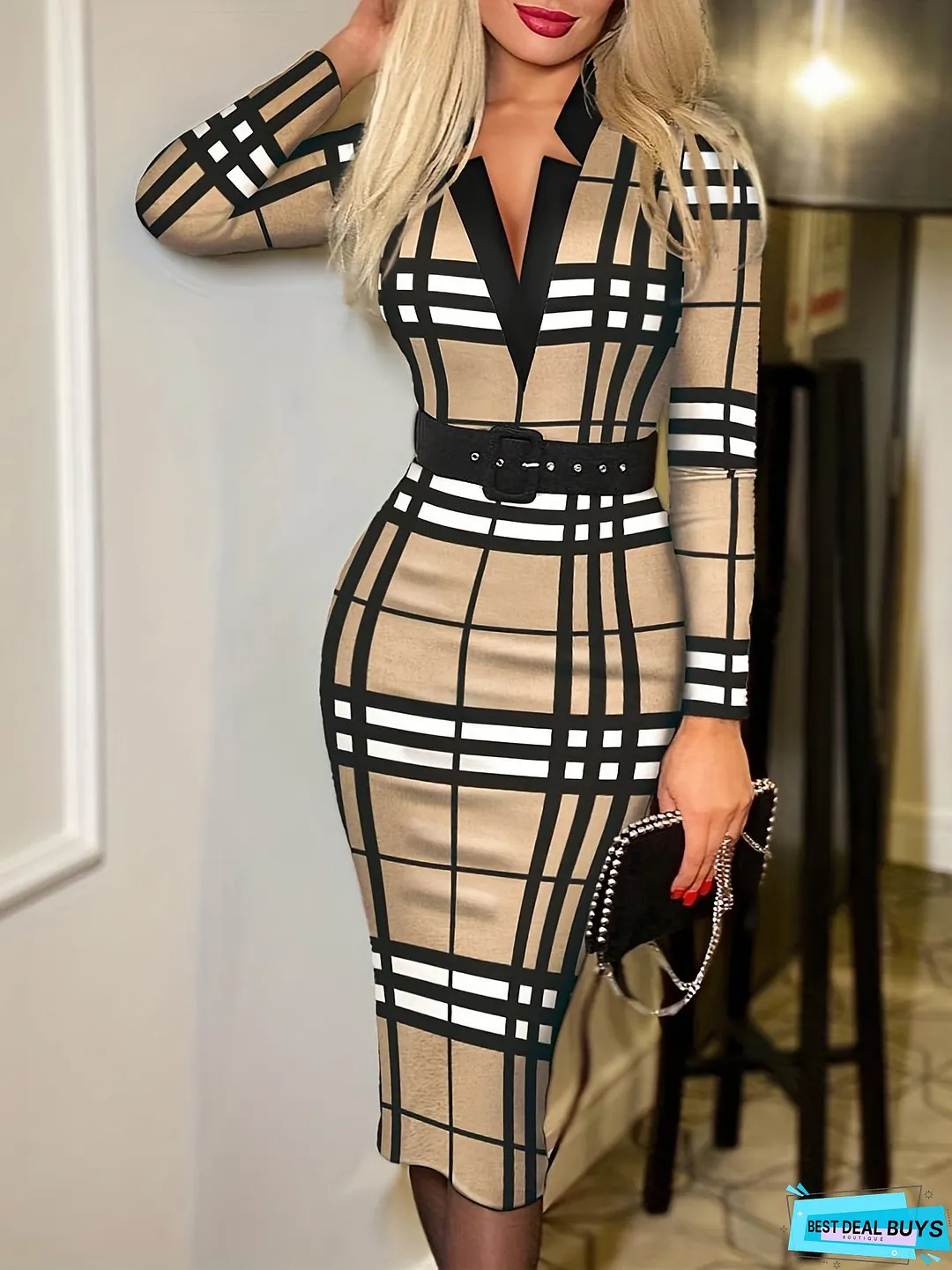 Bodycon Plaid V-neck Dress Without Belt, Elegant Long Sleeve Dress For Spring & Fall, Women's Clothing