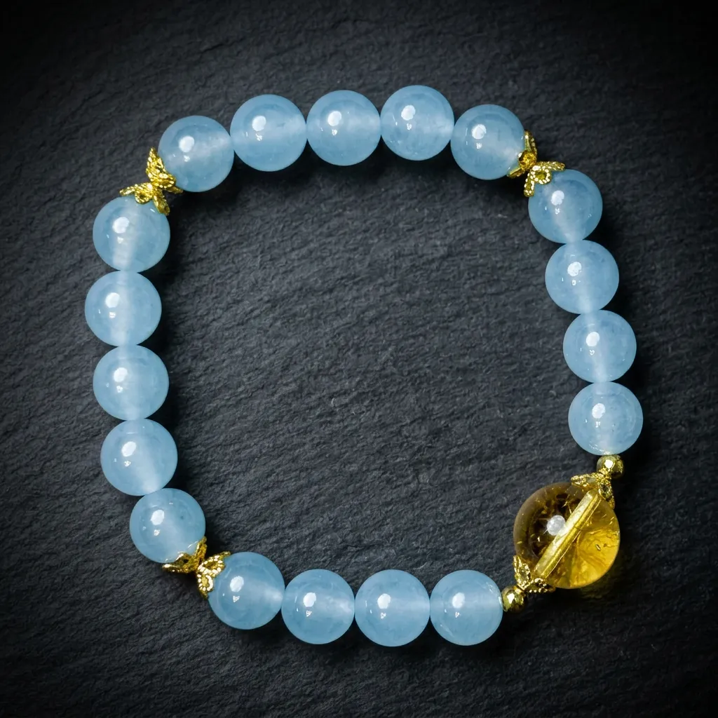 JiStones Serene Waters: Natural Aquamarine & Sunlit Citrine Beaded Bracelet Azure Mist & Golden Sun (8mm)
