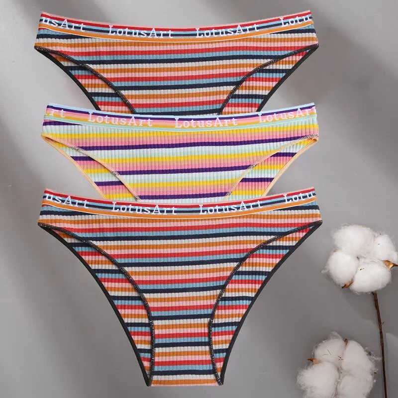 Billionm Women Cotton Colorful Stripe Panties Sexy Intimate Underwear Female Soft Solid Briefs Low Waist Underpant Soft Lingerie