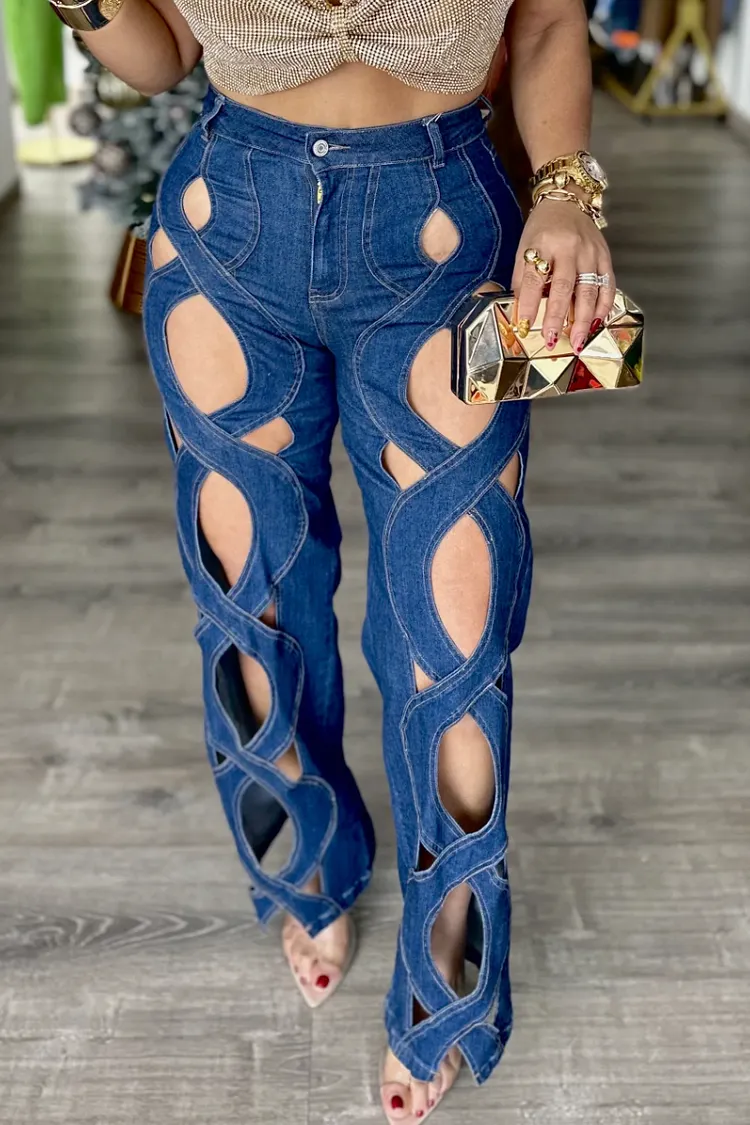 Hollow Out Crisscross Cutout High Waist Flare Jeans
