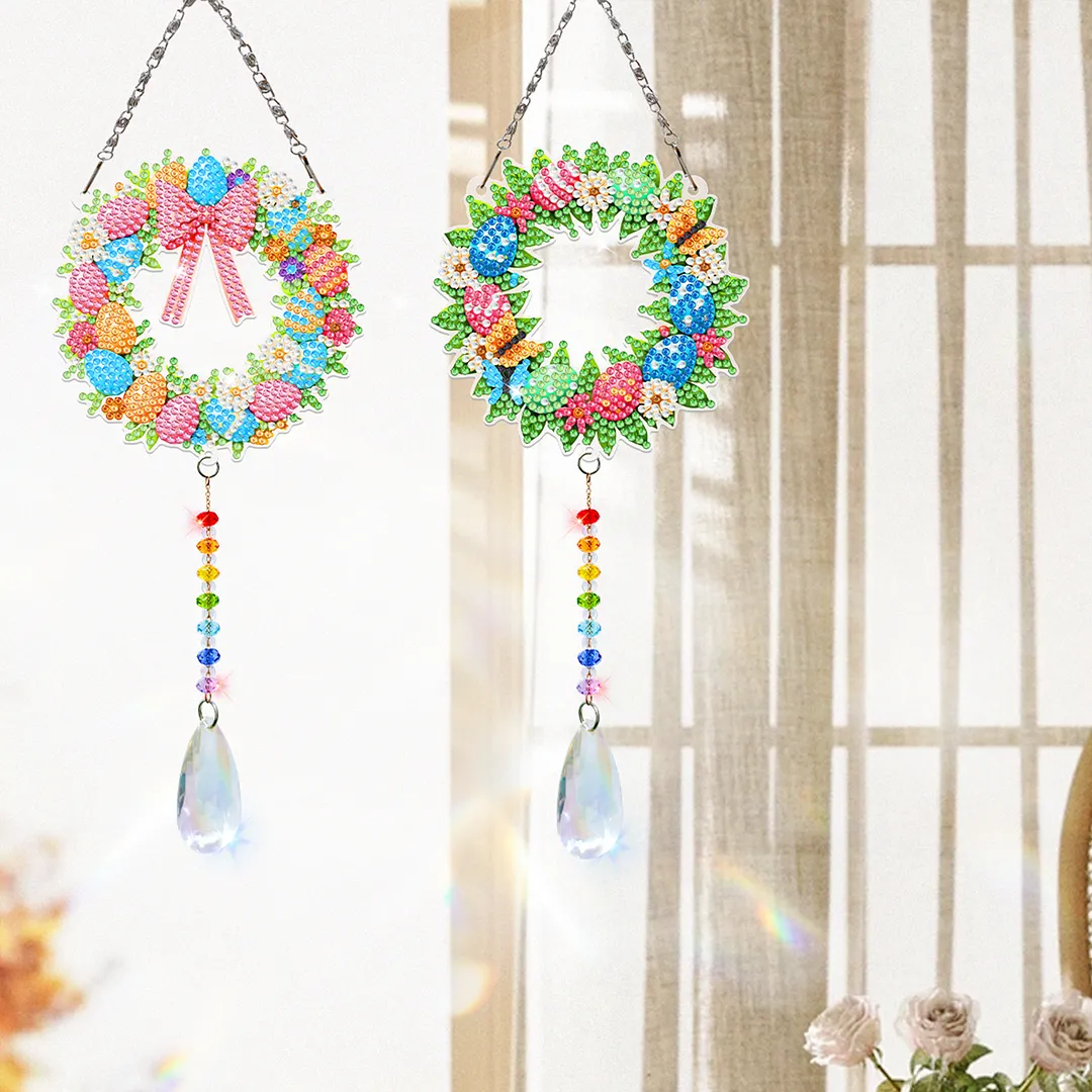 2Pcs Wreath DIY Acrylic Diamond Painting Art Wind Chimes with Crystal Pendant Diamond Art Hanging Pendant Double-Sided for Adults Beginners Gift Home Garden Decor